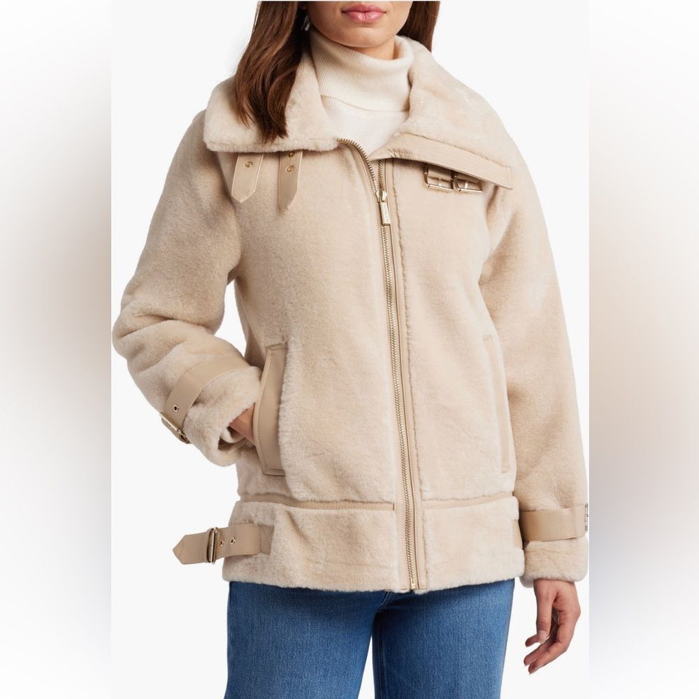 Michael Kors Faux Shearling Moto Jacket NWT size Small color Bone 🦴